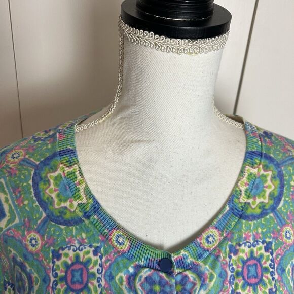 Talbots Women’s Colorful geo print 3/4 sleeve button up Cardigan Sweater Sz L - Picture 2 of 7